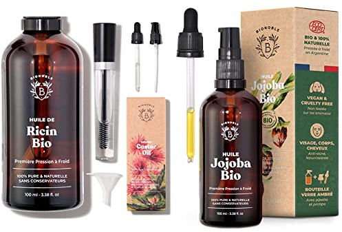 Bionoble Jojobaöl Bio 100ml & Rizinusöl Bio 100ml - Wimpern, Augenbrauen, Haare, Bart, Nägel - Vegan und Cruelty Free - Castor Oil - Glasflasche + Pipette + Pumpe + Mascara Kit
