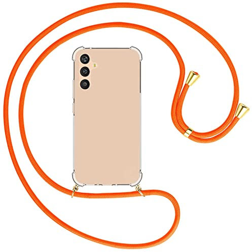 mtb more energy® Handykette kompatibel mit Samsung Galaxy A34 5G - Neon Orange/Gold - Smartphone Hülle zum Umhängen - Anti Shock Full TPU Case