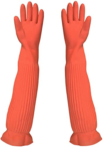 Dirfuny Gants Longs de Vaisselle en Caoutchouc, Gants de Ménage à Manche Longue, Gants de Nettoyage de Cuisine (M), Orange
