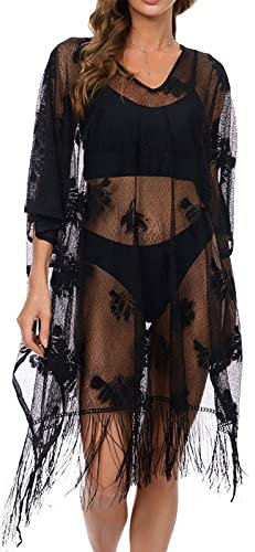 Cover ups for Women Beachwear Women's Overclothes Large Beach Overclothes Sexy Lace Bikini Overclothes Summer Sunscreen Clothing Sheer Beach Cover up Black