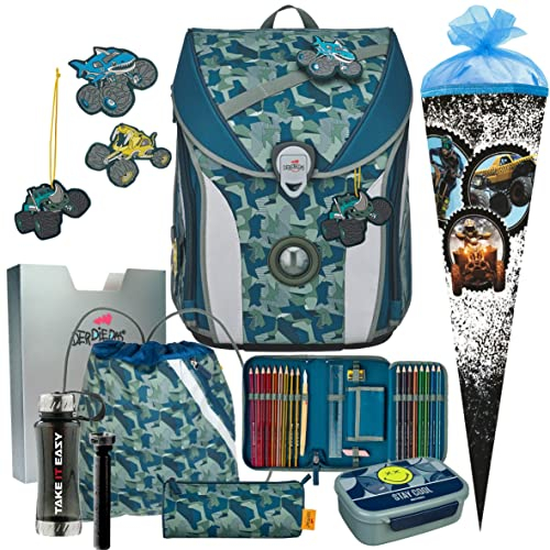 DerDieDas ErgoFlex MAX - Monster Truck - Schulranzen-Set 8tlg. mit Schuhbeutel, Schultüte und Brotdose - Trinkflasche Gratis dazu