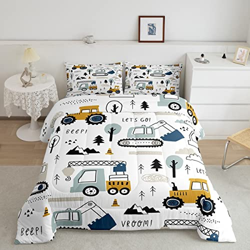 Kinder Auto Steppbett 135x200 Jungen Bau Bettdecke Karikatur Bagger Kran Zugmaschine Dekor Steppdecke Jugendliche LKW Traktor Winter Sommer Tröster Weiß Gelb Mädchen Jugend Schlafzimmer Dekor