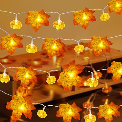 OUILA Ahornblatt Kürbis Lichterkette, 20 LED/3,5 M, Herbst, Batteriebetrieben, Geeignet für Herbstdekoration, Halloween und Thanksgiving, Innen und Außendekoration