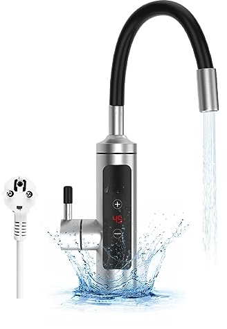 Rubinetto di Riscaldamento Elettrico in Acciaio Inox Scaldabagno Elettrico per Cucina 3000 W/Regolazione Touch/Indicatore di Temperatura LCD/Collo Flessibile/Rubinetto Elettrico Girevole a 360°