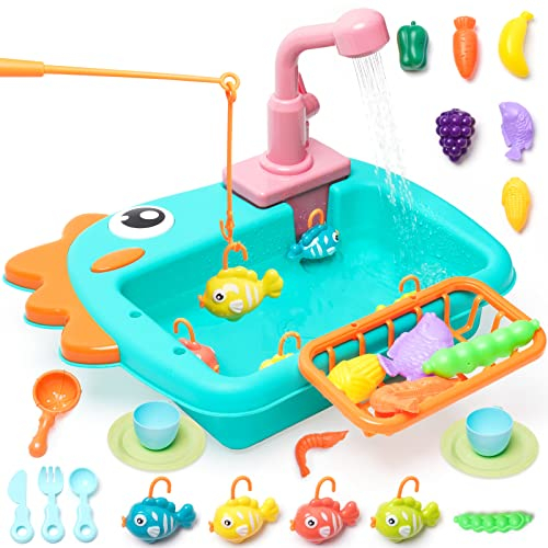 Fregadero de Juguete de Cocina con Agua Corriente, Juguetes de Pesca, Juguete de Cocina con Grifo Real, Pretenda el Juego de Roles Juguetes para niños, Regalo para Niñas y Niños, Verde