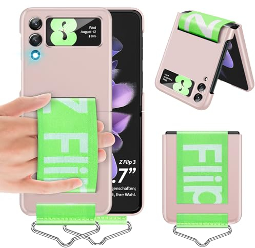 Handyhülle für Samsung Galaxy Z Flip3 Hülle Ultra Dünn Folable Matt PC Handytasche, mit Ring Nylon Strap Galaxy Z Flip 3 Tasche Case Stoßfest Outdoor Schutzhülle für Samsung Galaxy Z Flip 3 (pink)