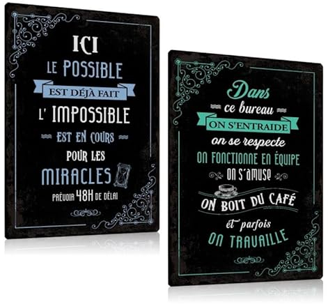 ZDFDC LOT DE 2PCS - TAILLE A4 - Plaque Metal Vintage Bureau Decoration Murale Accessoire - Bureau Affiche Poster avec Drôle Citation Française - Dans Ce Bureau - Impossible Est en Cours