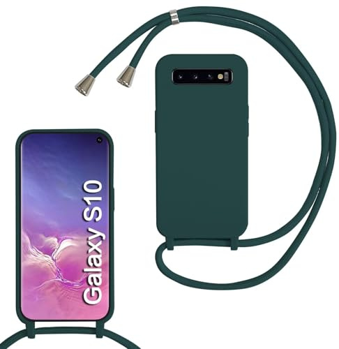 MBSLFY Silikon Handykette für Samsung Galaxy S10 Hülle mit Band,Silikon Necklace Handyhülle mit Abnehmbar Kordel zum Umhängen Stossfest Bumper Handy Schutzhülle für Samsung Galaxy S10, Dunkel grün