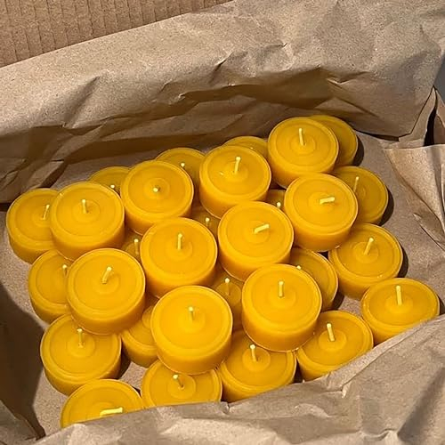 HappBee® Lot de 30 bougies chauffe-plat en cire d'abeille naturelle Jaune miel et naturel Fabrication artisanale Emballage respectueux de l'environnement
