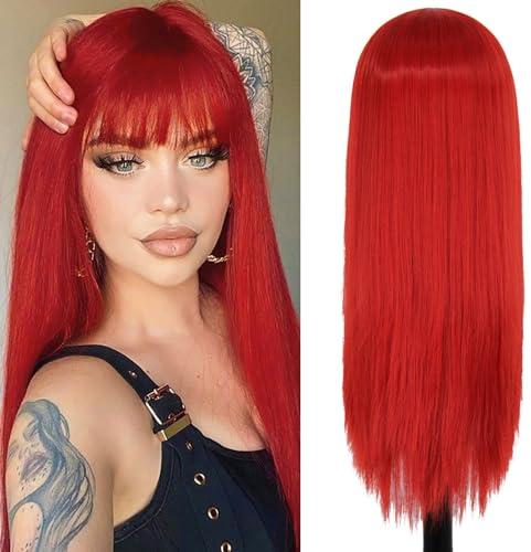 Perücke Damen Perücke Rot Lang mit Pony Natürliche Niedliche Synthetische Perücken für Daily Party Kostüm Glatte Rot Perücken für Fasching Karneval Halloween VD111R