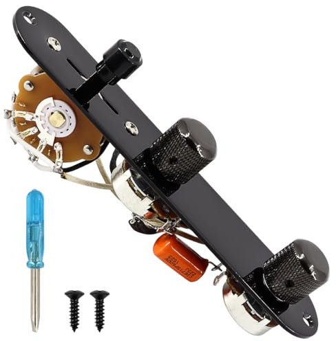 Domofa Loaded Guitar Control Plate for Telecaster Electric Guitar Prewired 3 Way Switch 500K Potentiometers Tone Volume Knob with Wiring Harness (Black)