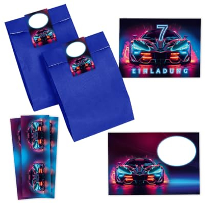 Minkocards 12 Einladungskarten zum 7. Kindergeburtstag Junge Auto Rennauto Einladungen siebte Jungsgeburtstag Rennwagen incl. 12 Umschläge, 12 Partytüten/blau, 12 Aufkleber, 12 Lesezeichen