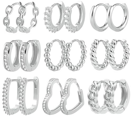 ALEXCRAFT 9-Pair Silver Hoop Earring Set - Hypoallergenic Small Piercing Huggie Cartilage Earrings with Zircon Twist Heart Square Chain