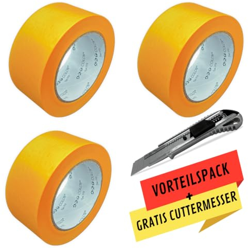 ART COLOR 3x Profi Goldband 50mm x 50m inkl. Cuttermesser - Maler Klebeband für exakte Farbkanten - UV beständiges Abklebeband - Alu Teppichmesser