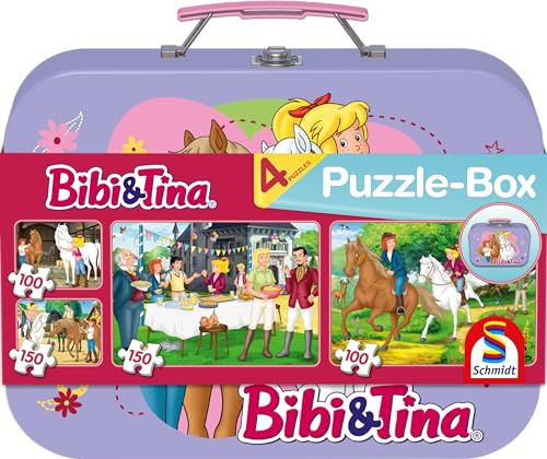Schmidt Spiele 55609 Bibi und Tina, Puzzle im Metallkoffer, 2x100 und 2x150 Teile Kinderpuzzle, bunt [Exklusiv bei Amazon]