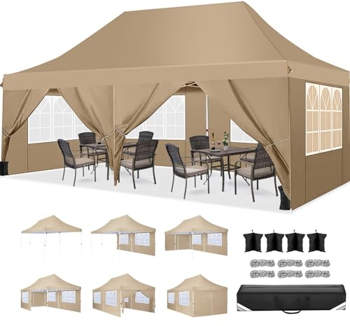 COBIZI Faltpavillon 3X6, Pavillon 3x6m Wasserdicht Stabil Winterfest, Faltbar Partyzelt mit 6 Seitenwänden & 4 Sandsack Pop up Gartenpavillon Anti-UV für Hochzeiten, Freien, Khaki