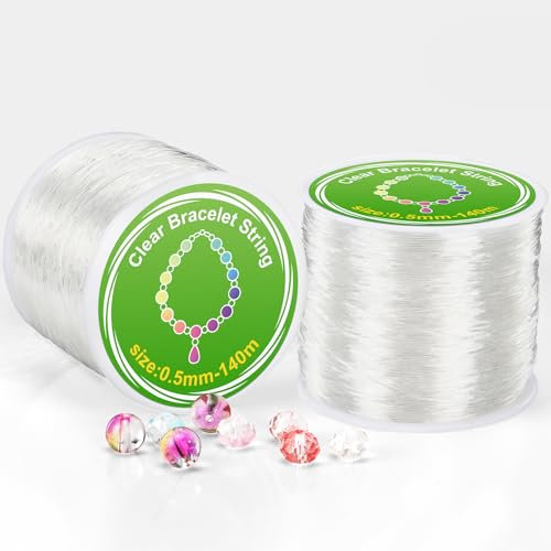 Alyvisun 2 Bobine 0.5mm Fil Elastique Bracelet, Transparent Fil Élastique pour Bracelet, Convient pour la Fabrication de Bijoux DIY, Collier, Bracelet, Artisanat (140m/Bobine)