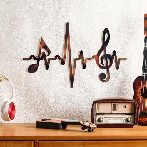 Blulu Metal Music Notes Wall Decor Sign Vintage Musical Heartbeat Wall Art Hanging Note Sign Treble Clef Decorations for Studio Bedroom Gallery Bar Birthday Party 15.75 x 9.04 Inches(Retro)