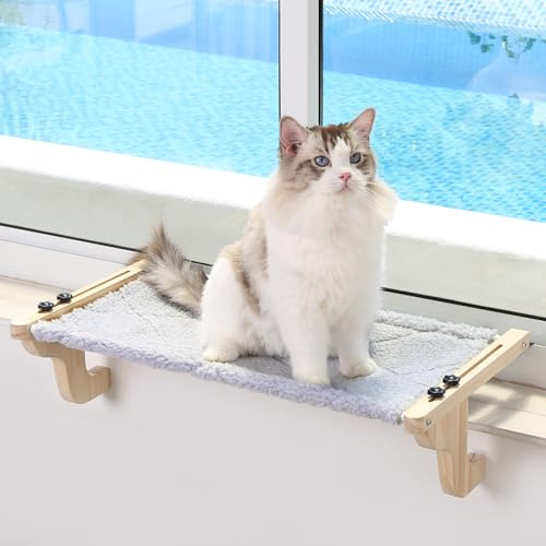 Zakkart Easy Seat Cat Perch for Windowsill (Natural Wood/Gray, L) | Hook-On Windowsill Mount, Clean Hammock Design, Premium Wood & Robust Metal Frame, Machine Washable Bed, 26W x 14D