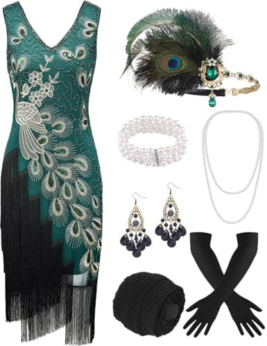 ELFIN 20er Dresses Flapper Kleid Damen Vintage 1920er Kostüm Kleider Pailletten Fransen Gatsby Kleid 20er Accessoires mit Stirnband, Kopfbedeckung, Langen schwarzen Handschuhen, Halskette, XL, Grün