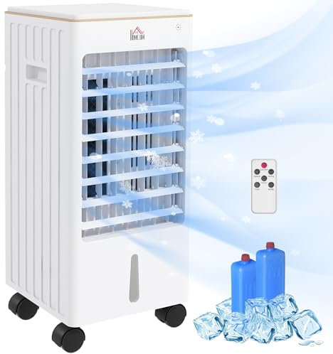 HOMCOM Enfriador de Aire Portátil 3 en 1 Climatizador Evaporativo con 3 Velocidades Pantalla LED Mando a Distancia Temporizador 7,5h Tanque de Agua 3L Efecto 15-20 ㎡ 22,5x24,5x53,5 cm Blanco