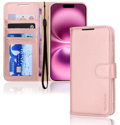 TECHGEAR iPhone 16 Plus Leather Wallet Case, Protective Flip Case Cover [RFID BLOCKING] Wallet Card Holder, Stand & Wrist Strap - Pink PU Leather with Magnetic Closure for iPhone 16 Plus 6.7
