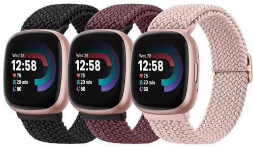 Mugust 3 Stück Armband für Fitbit Versa 3/4/Sense/Sense 2, Elastisches Nylon Geflochtenes Ersatzarmband (Schwarz+Rosa+Weinrot)