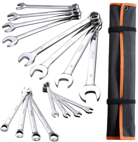 VEVOR 25 PCS Juego de Llaves Combinadas, Juego de Llaves de Boca con Bolsa Enrollable, juego de Llaves Grande de Acero al Carbono Métricas de 6-32 mm para Uso Doméstico, Reparaciones de Automóviles
