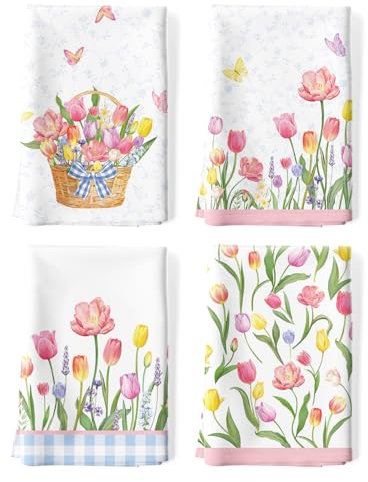 Arquiel 4er Set Geschirrtücher Ostern Tulpe Küchentücher Frühling Blumen Dekorative 100% Baumwolle, 48 x 70 cm, Trockentücher Saugstarke Geschenk, Küche Frühling Dekoration