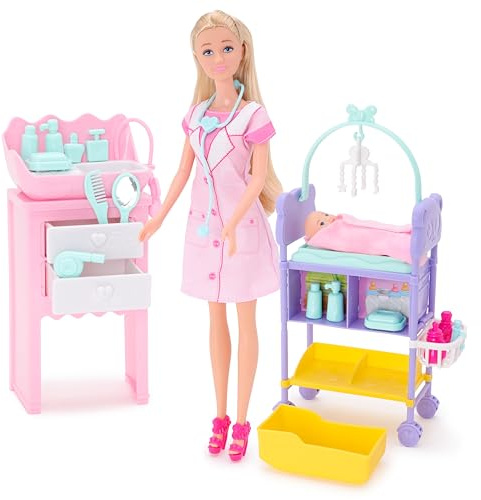 Toyland® Arzt & Baby-Spielset – 1 Puppe, 1 Baby, 1 Badestation, 1 Wickeltisch und 15 Zubehörteile enthalten – Mädchenspielzeug