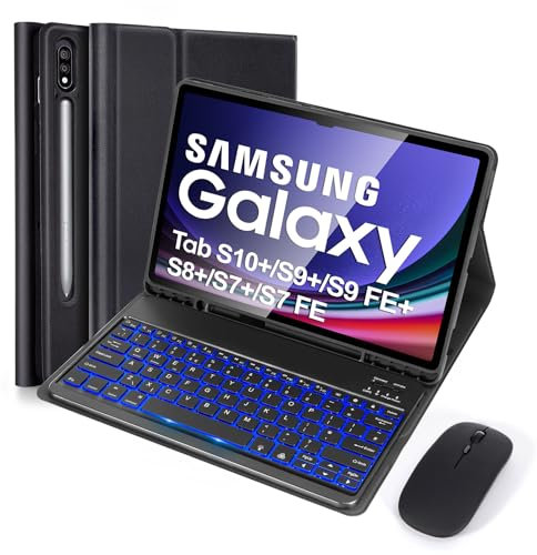 Nsyee Backlit Keyboard Case with Mouse Compatible with Samsung Galaxy Tab S10 Plus/S9 FE Plus/S9 Plus/S8 Plus/S7 FE/S7 Plus 12.4, Slim Smart Case with Detachable Bluetooth UK Layout Keyboard