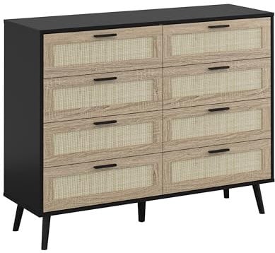 Chic Rattan Chest of Drawers, 3/6/8 Drawers Dresser with Hand Made Rattan Decorated Drawers Storage Chest with Wood Legs for Bedroom, Hallway, Living Room (Black, 8 Drawers)