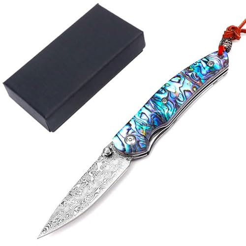 Klappmesser 6.3 Taschenmesser Damast Aus Damaszener Damaststahl & Muschel, Klein Outdoor Messer Survival Jagdmesser, Scharfes Einhandmesser, Damastmesser, Flipper EDC Messer Neck Knife, Rohbau Bunt