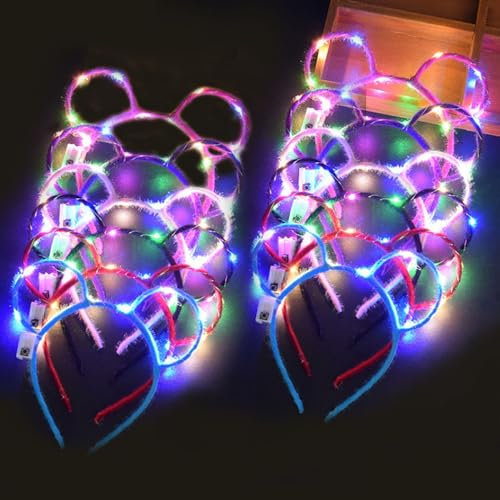 Sunshine smile 12 Pcs Mouse Ears Haarreif LED,Leuchtender Haarreif,Kopfschmuck Leuchtend,Leuchtkranz Haare,Lichterkette Haare Schlager,Haarreifen Beleuchtet Party