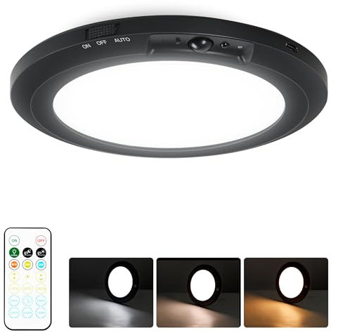 aurogeek Battery Powered Ceiling Light with Remote Rechargeable Cordless Motion Sensor Light Indoor with 3 Color Stepless Dimming Magnetic Mount LED Wireless Wall Lights for Closet Stairs Shed Garage