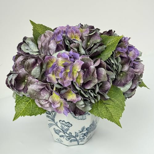 YalzoneMet Künstliche Hortensien, lila-grün, 53,3 cm, fühlt sich echt an, große Blüten, Macrophylla-Hortensien für Hochzeit, Tischdekoration, Vintage, Frühling, Zuhause, Wohnzimmer, Küche