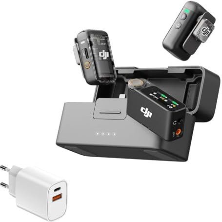 DJI Mic 2 (2 TX + 1 RX + Custodia di ricarica) Bundle, Microfono Wireless Integrato, Registrazione Interna in Float a 32 Bit, Eliminazione Intelligente del Rumore, 250 m di Distanza