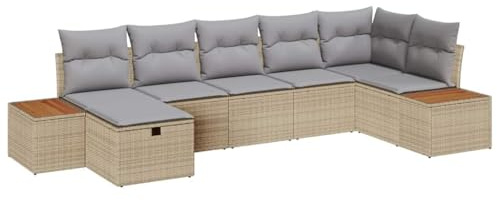 vidaXL Garten-Sofa-Set mit Kissen 7 pcs Beige Poly Rattan, Garten- und Terrassenmöbel, rechteckig, modern, mit verstellbaren Füßen, wetterfest, modular, haltbar, Sofa