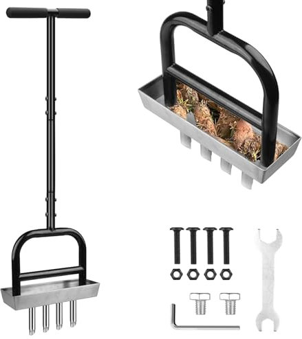 Arieggiatore per Prato Manuale - Aeratore per Prato con Nucleo a 4 Punte in Acciaio Inox e Vaschetta di Contenimento, Resistente Arieggiatore per Prato con Impugnatura a T per Prati, Giardini