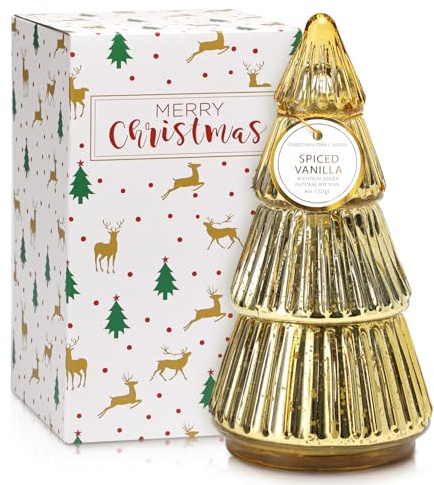 Goldene Weihnachtsbaum Kerze aus Glas, 100% Natursojawachs mit Vanille Duft, 45h Brenndauer, Elegante Weihnachtsdeko, Christmas Ideal als Festliches Geschenk, 23cm