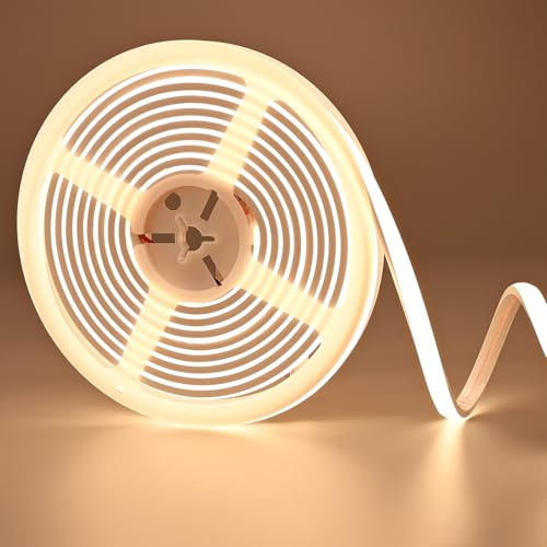 FOSUO 24V COB LED Streifen 5M 3000K Warmweiss IP67 Wasserdicht 750LM/M | Neon LED Strip CRI>93 10.5W/M 480LED/M 10mm Selbstklebend Schneidbar für Innen Außen DIY Deko(ohne Adapter)