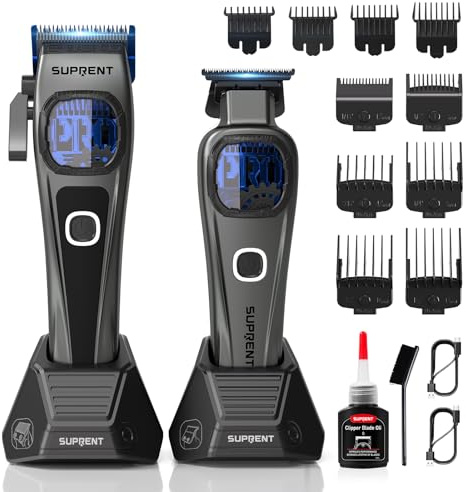SUPRENT Haarschneidemaschine Herren Profi – Titanbeschichtete Fade-Klinge, Einstellbares Zero-Gap T-Blade, 5 Längenstufen, Magnetische Führungskämme, 2500mAh Akku & Typ-C Ladestation
