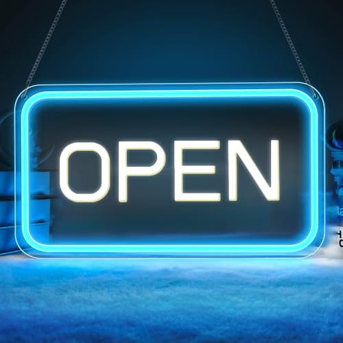 LightingWill Open Neon Schild, Open Schild LED mit 5V Ein/Aus Adapter, Open Leuchtreklamen für Business Light Up Sign für Bar, Salon, Store, Cafe, Shop, Club, Blau/Weiß, Horizontal