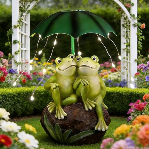 Lotvic Solar Frosch Statue, Outdoor Solar Frosch Garten Dekoration, Gartendeko für Draußen Wetterfest mit LED Lichterkette, Lustig Frösche EIN Schirm Figurch Statue für Teich Rasen Balkon Haus