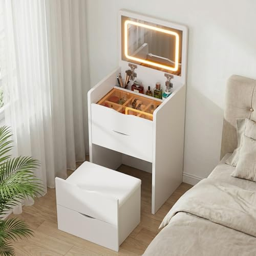 Dressing Table: 48X40X120 cm Vanity Desk, Vanity Table With Flip-up Mirror And 3 Colour Adjustable LED light, Modern Makeup Desk Featuring 3 Storage Drawers and a Storage Bench with Soft Padding