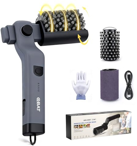 Brosse de nettoyage électrique pour gril alimentée par batterie – Tête réglable à 180°, moteur à 3 vitesses, autonomie de 90 min, étanche, têtes de brosse en acier inoxydable et nylon pour gril