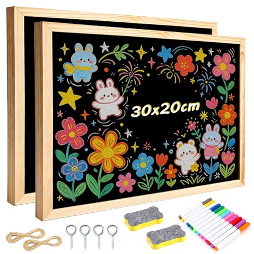 2 Stück Kreidetafel zum Aufhängen, A4 Schiefertafel mit Holzrahmen, mit 2 Schwämmen, 30 x 20 cm, Wandtafel Kreide für Kinder, Buffet, Party, Schule, Restaurant