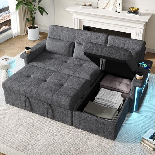 Mrwoo 3 Seater Corner Sofa Bed with Pull-Out Bed, L-Shaped Sofa with Adjustable Backrest, LED-Lighting & Cup Holders, Cushions, Grey