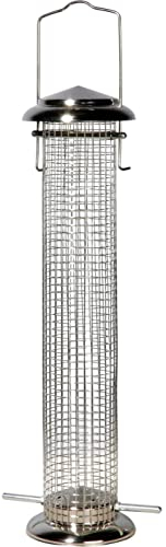 dobar® 11523 Große Vogelfuttersäule mit Gitternetz - Futterstation für Wildvögel aus Stahl - Vogelfutterspender zum Hängen - Futter für Garten/Terrasse/Balkon - Ø 9,5 x 39 cm - Silber