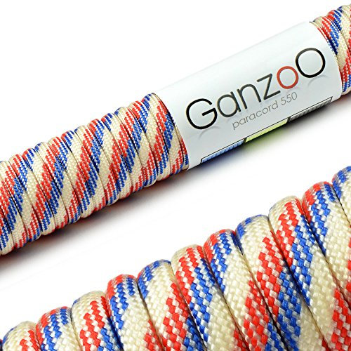 Ganzoo Paracord 550 Seil, Nylon-Polyester, 4mm, Typ 3, 30 Meter, 7 Kernstränge, Outdoor-Schnur, Allzweck-Seil, Hundehalsband, Hundeleine, Armband knüpfen, Camping, Survival - weiß rot blau